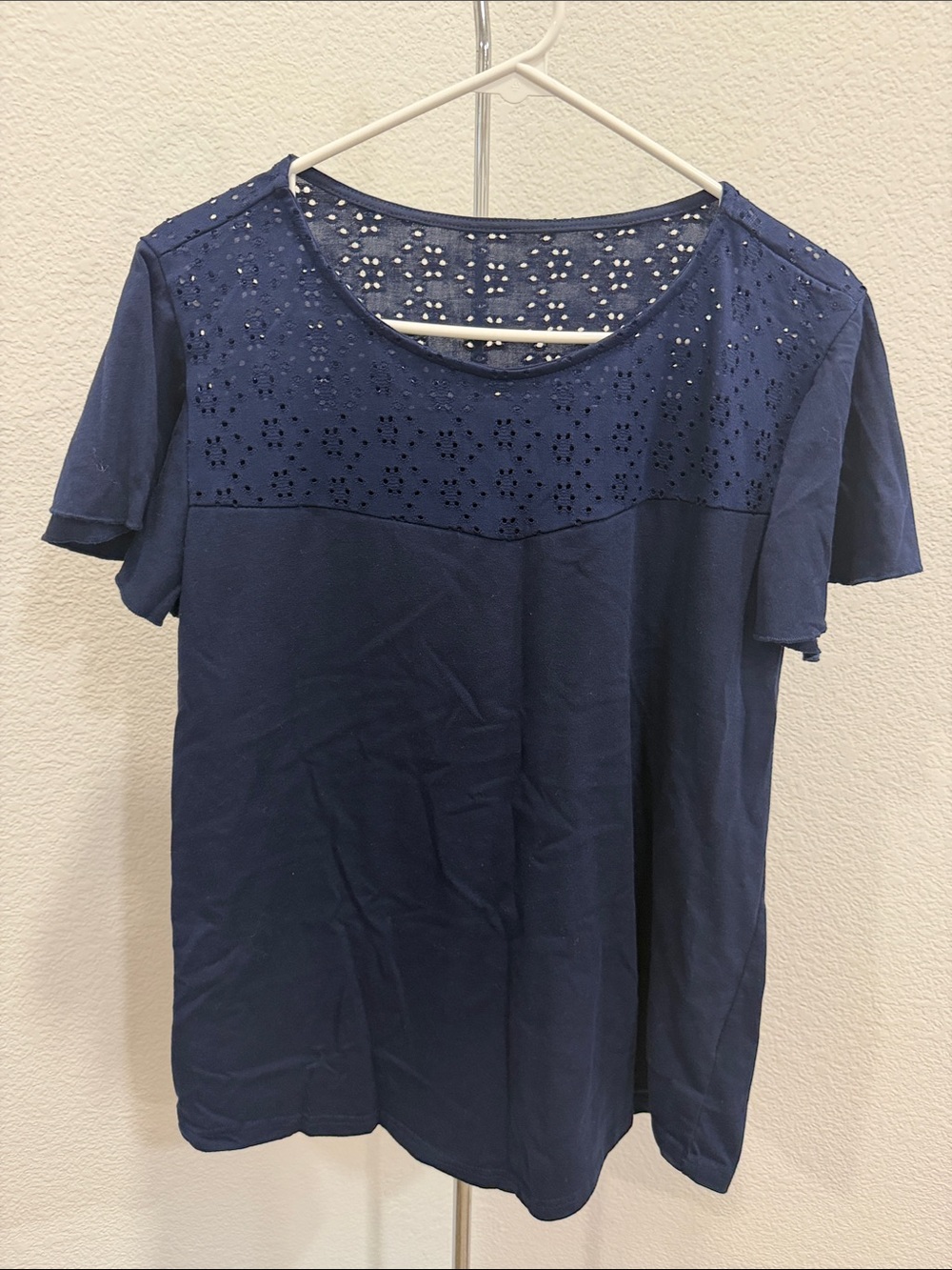 Women's Navy Eyelet Yoke Short Sleeve Top
